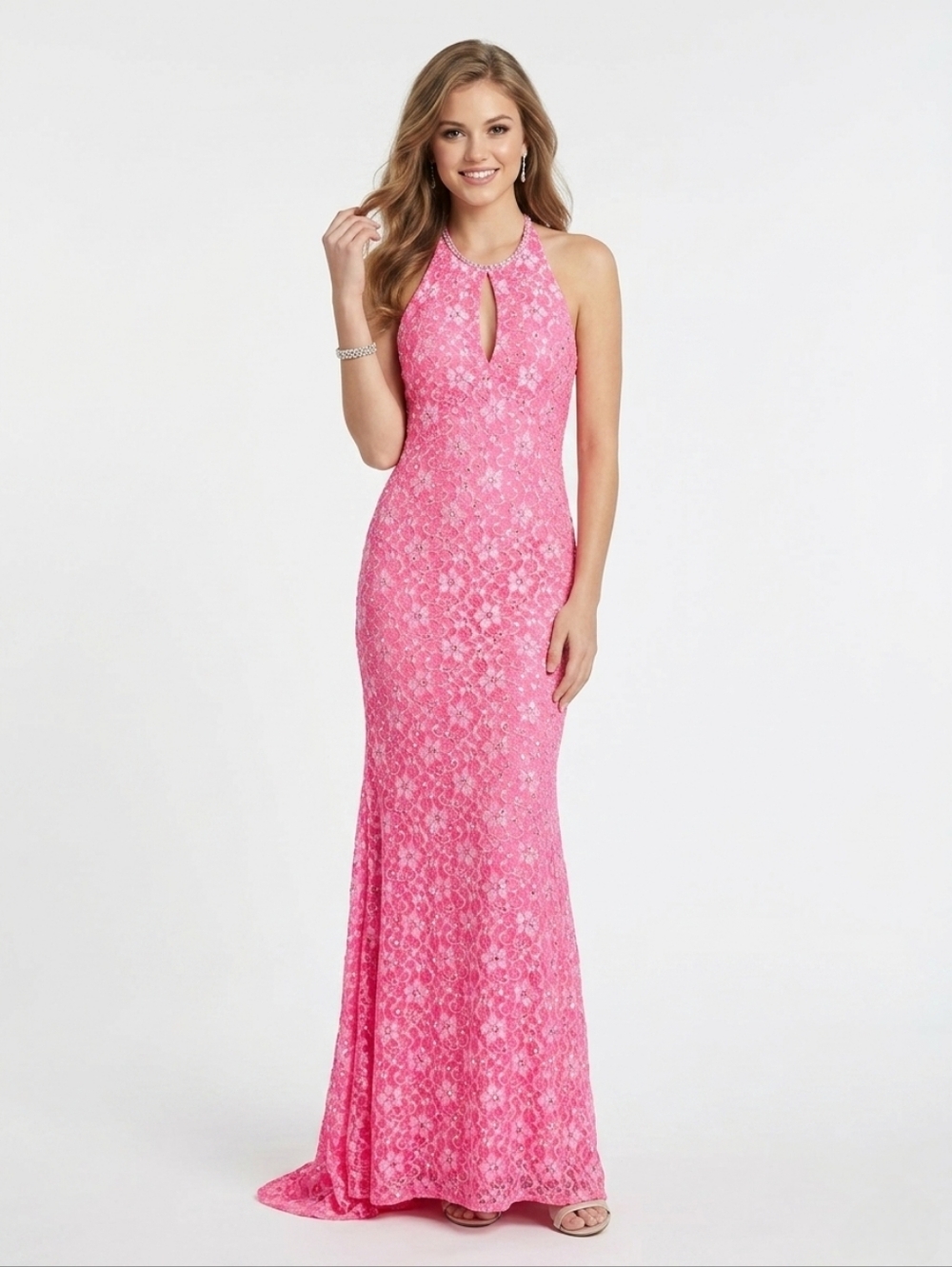 NEW Hot Pink Rhinestone Floral Lace Gown Size 6/8